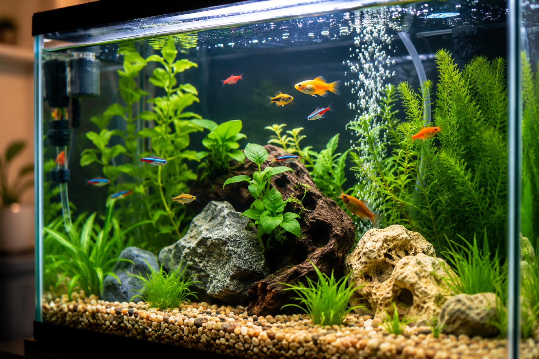 A home aquarium with fish being cared for